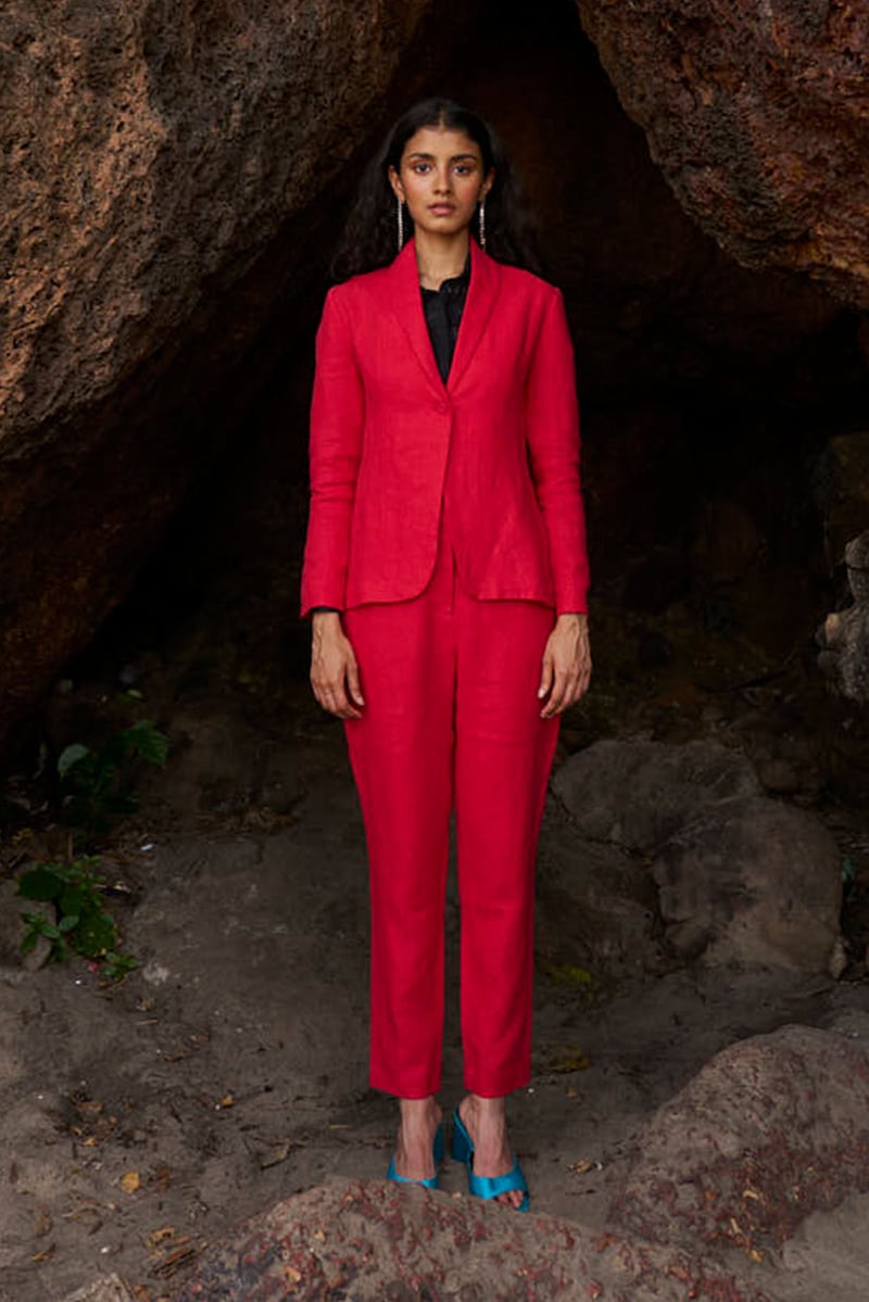 Red Linen Shawl Lapel Single-Button Tailored Blazer