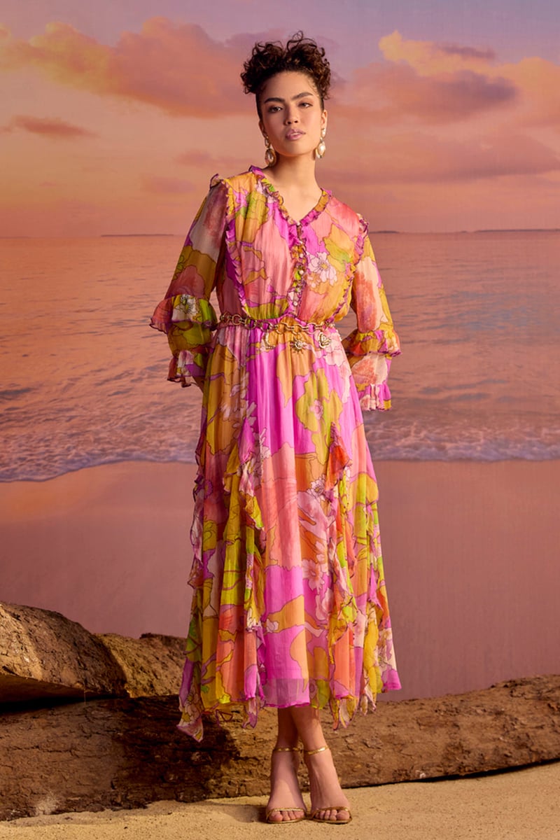 Yellow/Pink Printed Chiffon Tiered Midi Dress — BOHO-CHIC