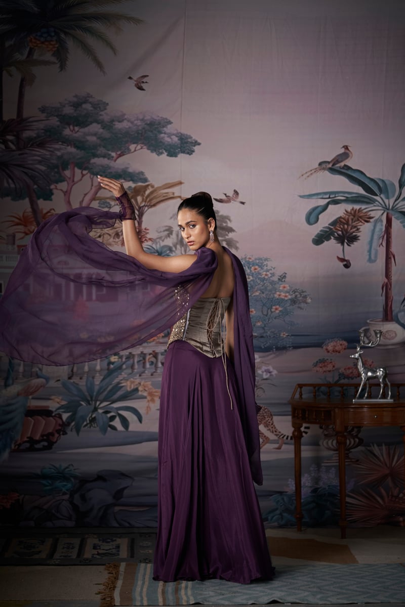 Purple Mirror-Work Corset Lehenga Set with Dupatta