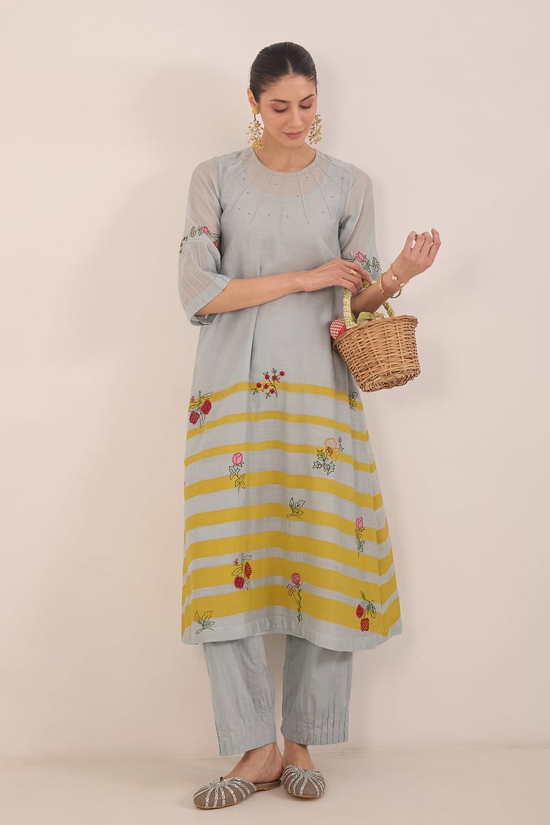 Powder Blue Chanderi Striped Embroidered Kurta Set