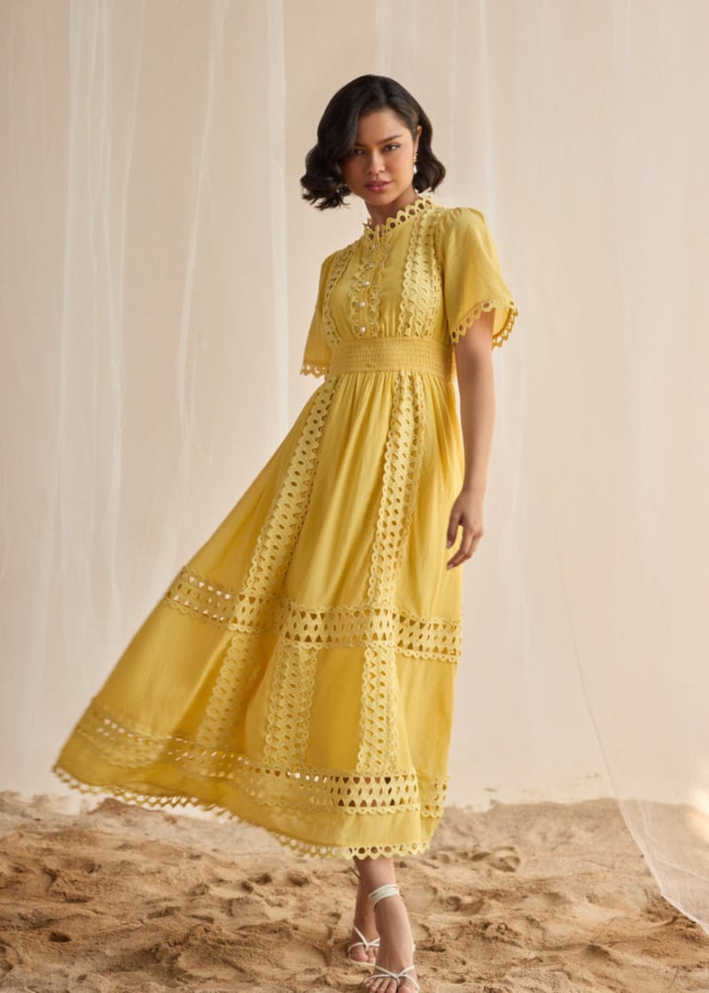 Yellow Lace Cutwork Fit and Flare Maxi Dress