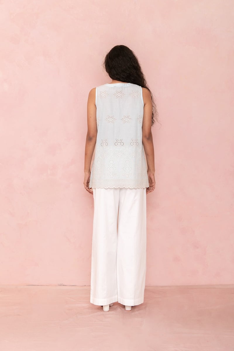 Blue Cotton Cambric Sleeveless V-Neck Embroidered Top