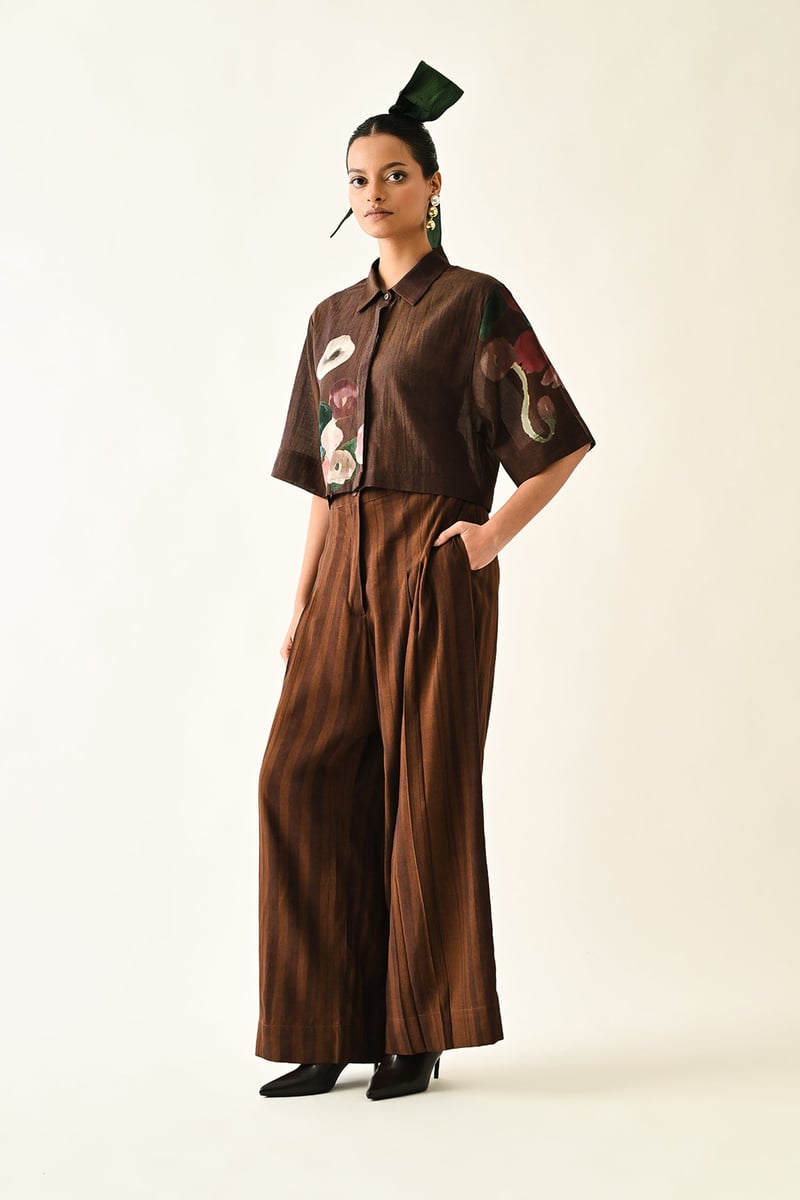 Brown Wide-Leg Pleated Abstract Print Trousers