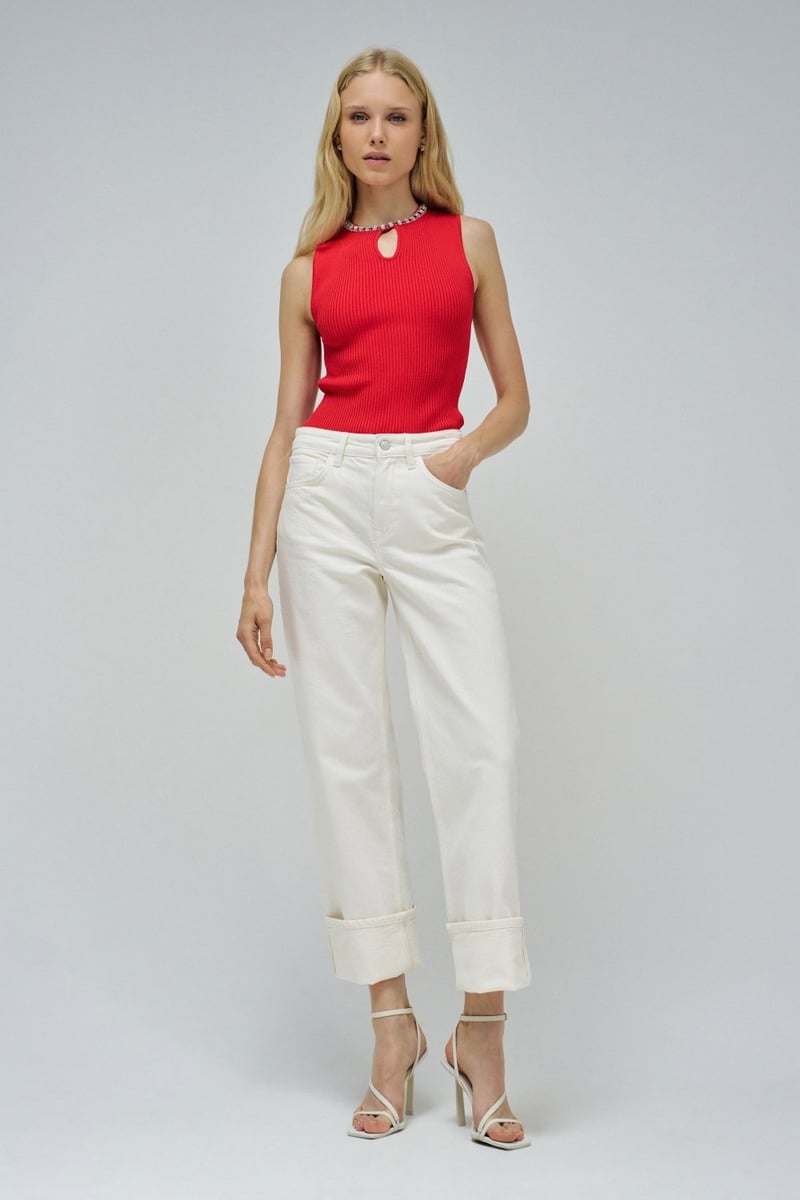 Red Ribbed Sleeveless Top with Embellished Neckline