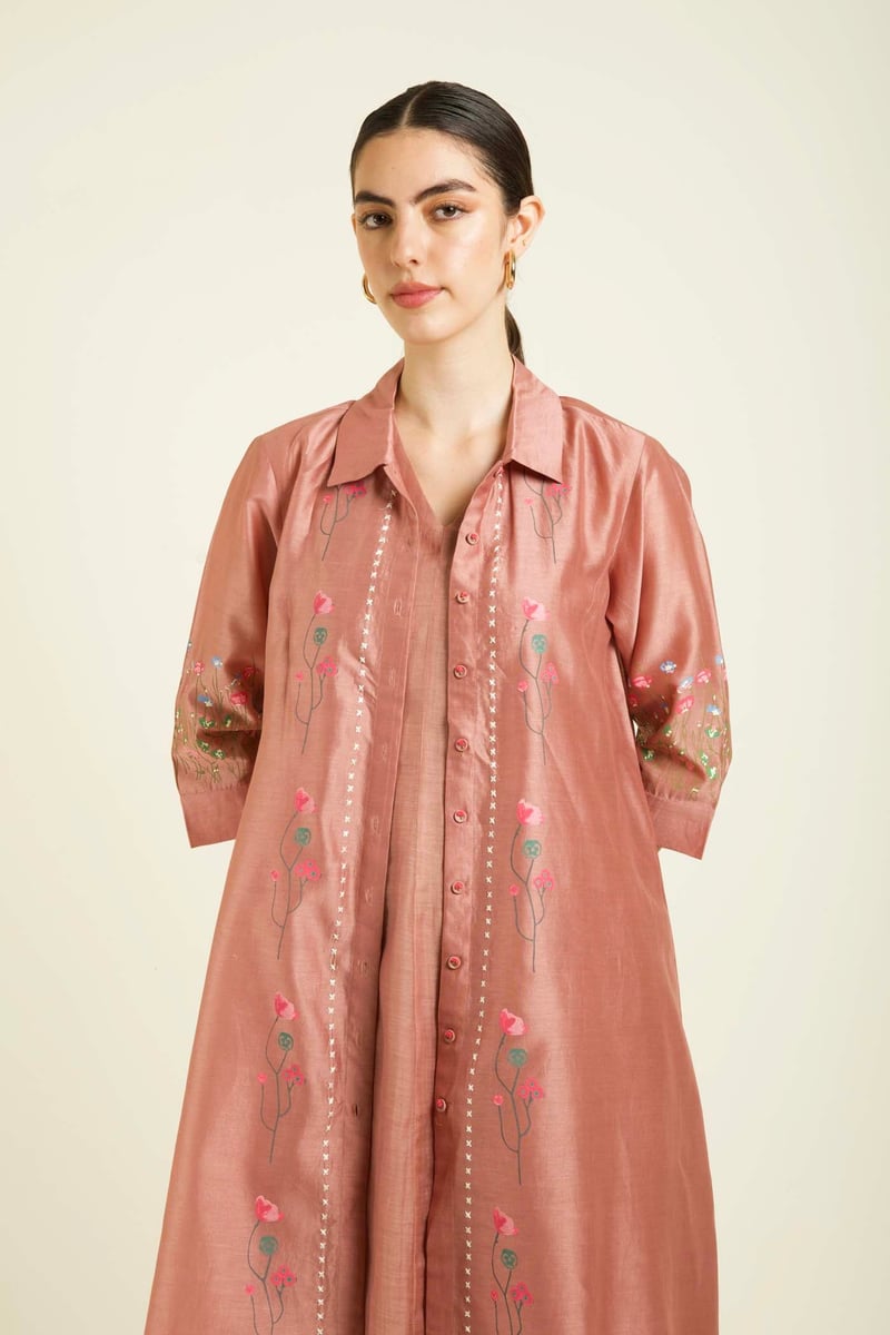 Almond Pink Chanderi Jacket Dress Set