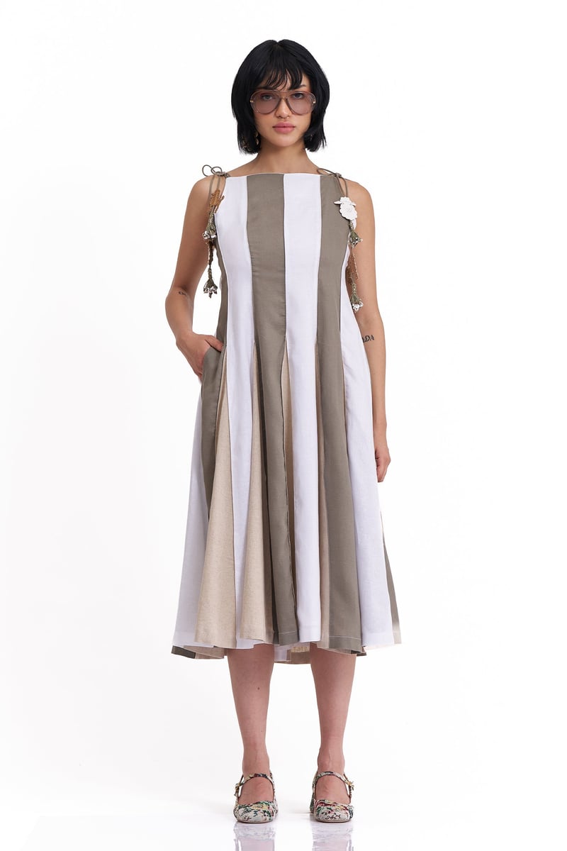 Neutral Colorblock Cotton Linen A-Line Midi Dress
