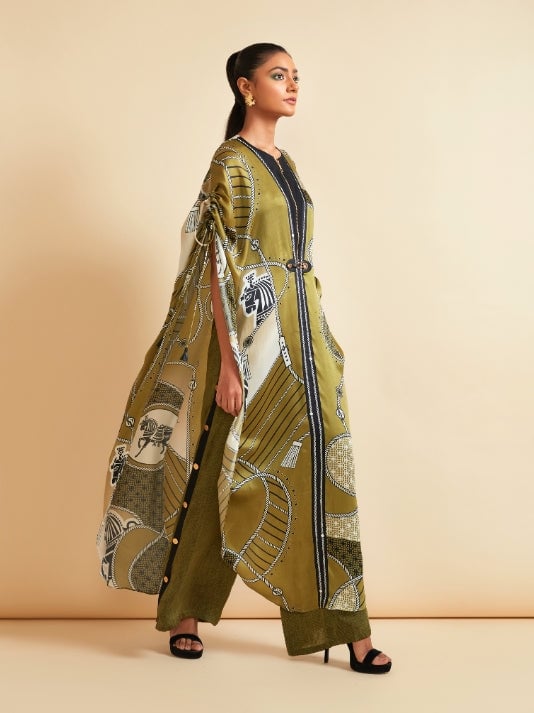 Olive Green Printed Cape Top and Pants Co-ord Set — Kamaali Pret