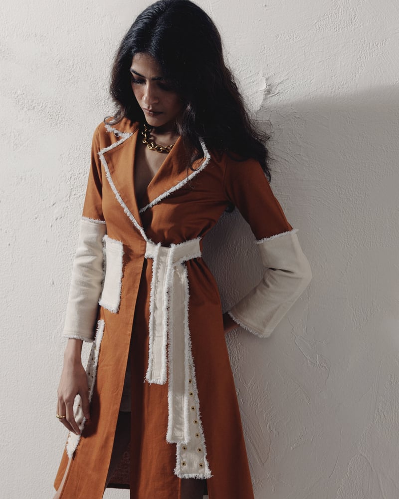 Rust Denim Colorblock Wrap Dress with Lapel Collar