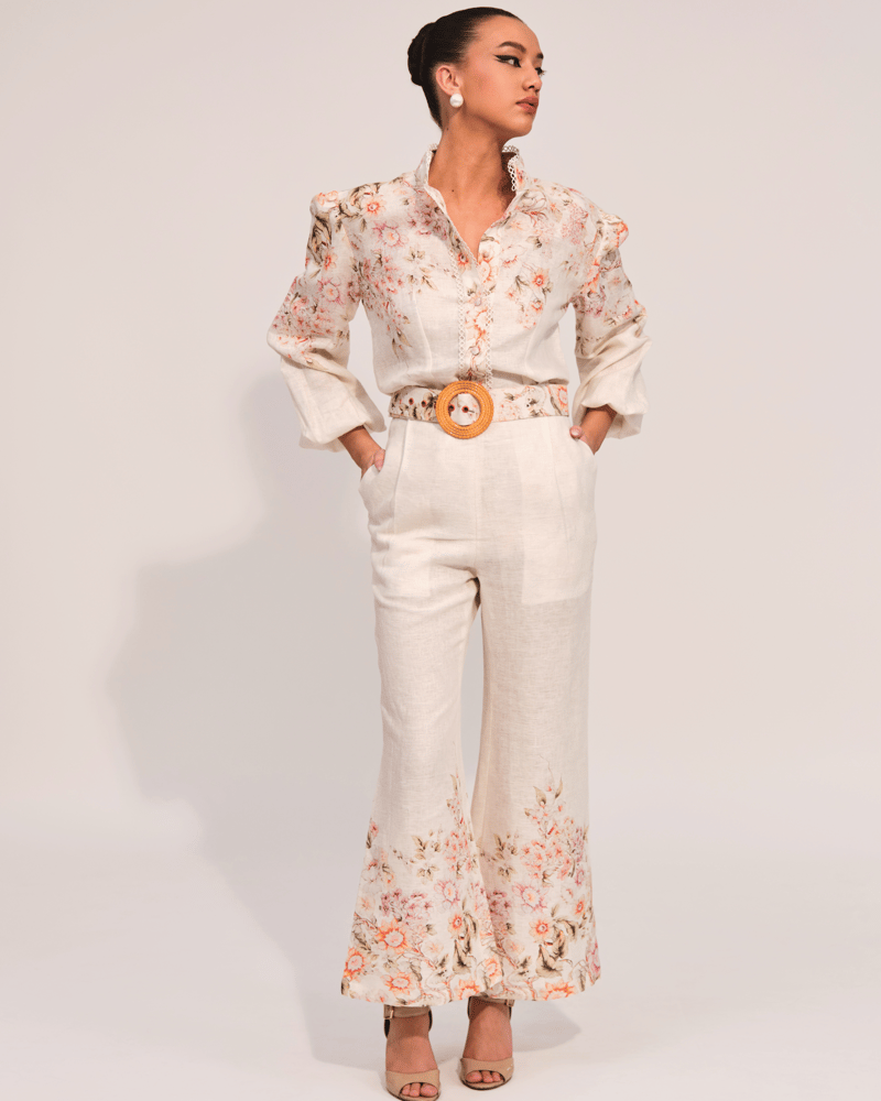 Apricot Floral Linen Shirt and Wide-Leg Pants Co-ord Set
