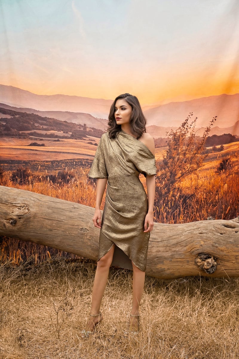 Gold Olive One-Shoulder Foil Satin Midi Dress