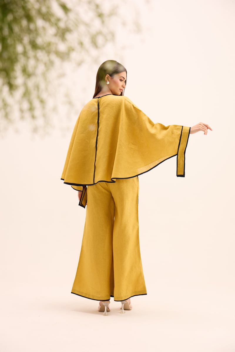 Ochre Linen Cape Top and Wide-Leg Pants Co-ord Set