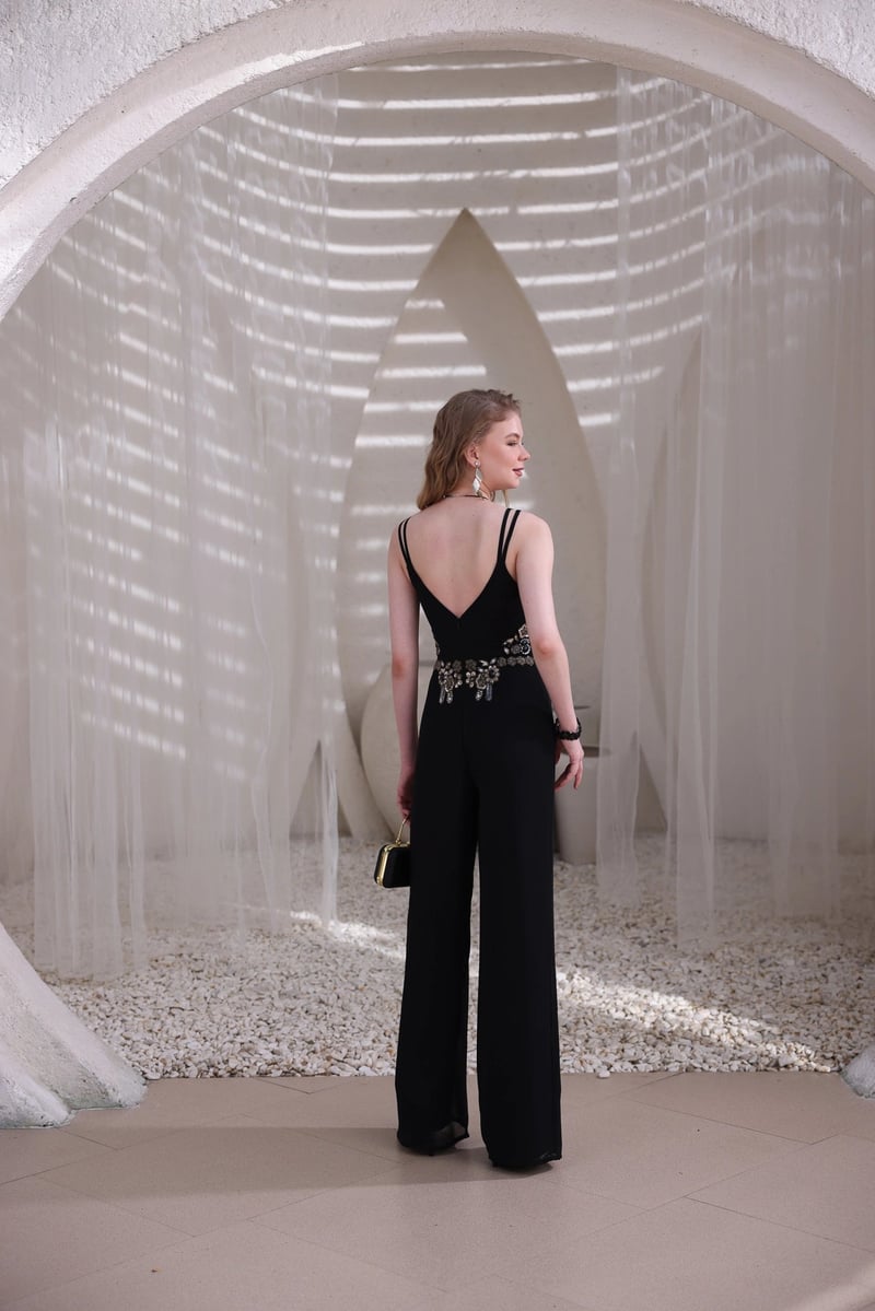 Black Embellished Wide-Leg Georgette Jumpsuit