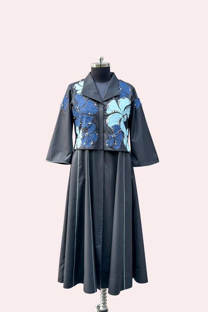 Black Suiting Midi Dress with Blue Floral Embroidery