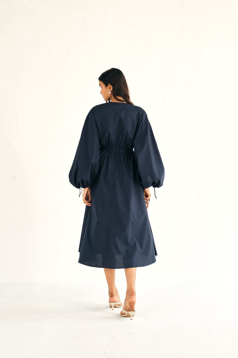 Navy Poplin Midi Dress with Cinched Waist and Balloon Sleeves