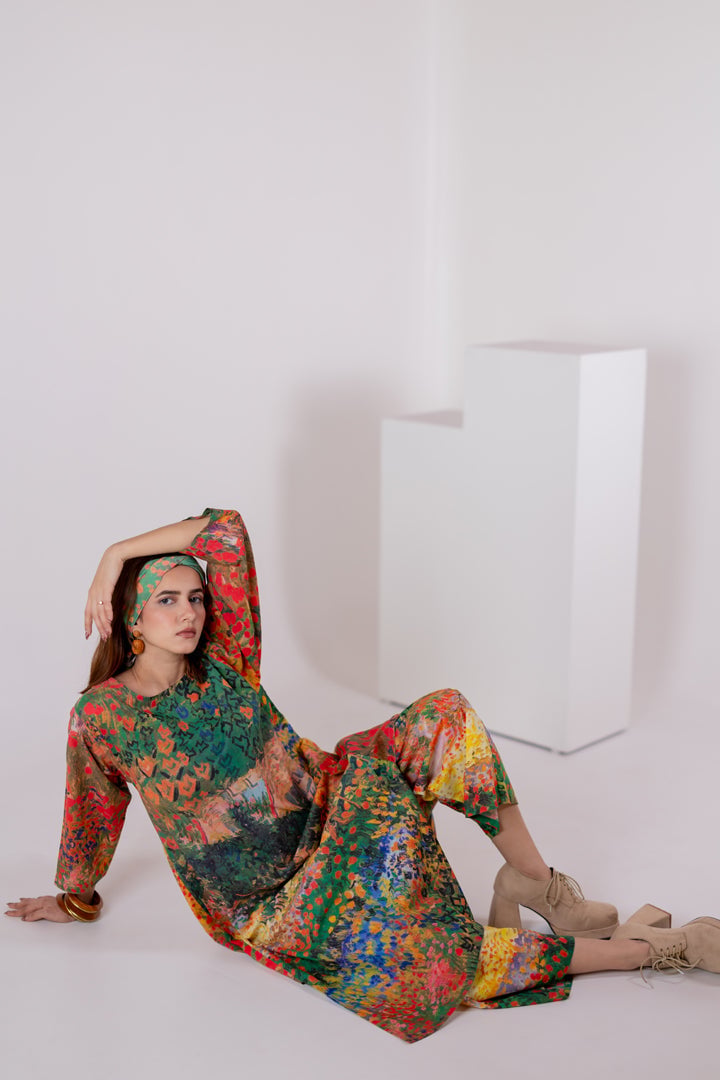 Multicolor Scenic Print Cambric Cotton Kurta Set