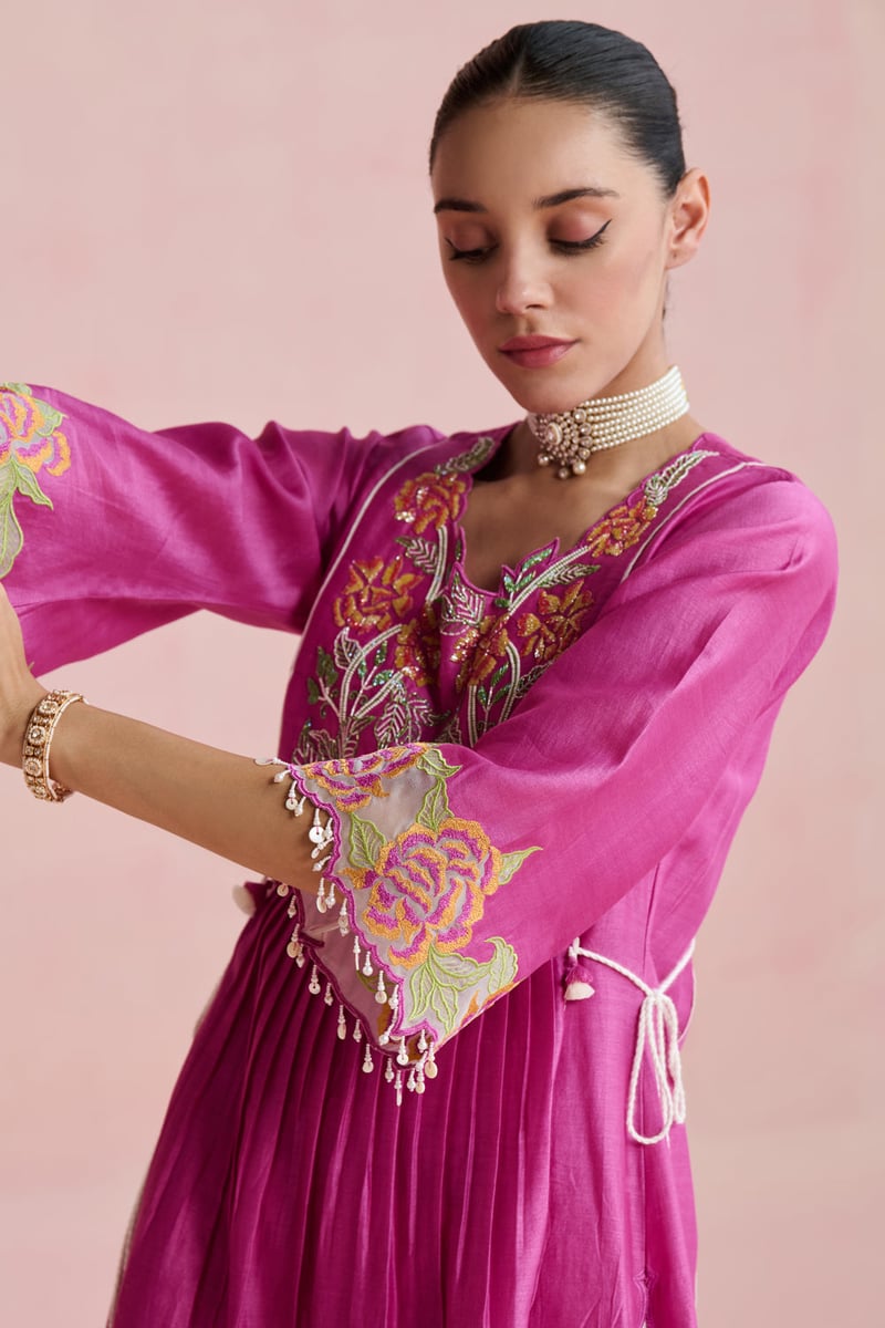 Pink Embroidered A-Line Kurta Set with Organza Dupatta