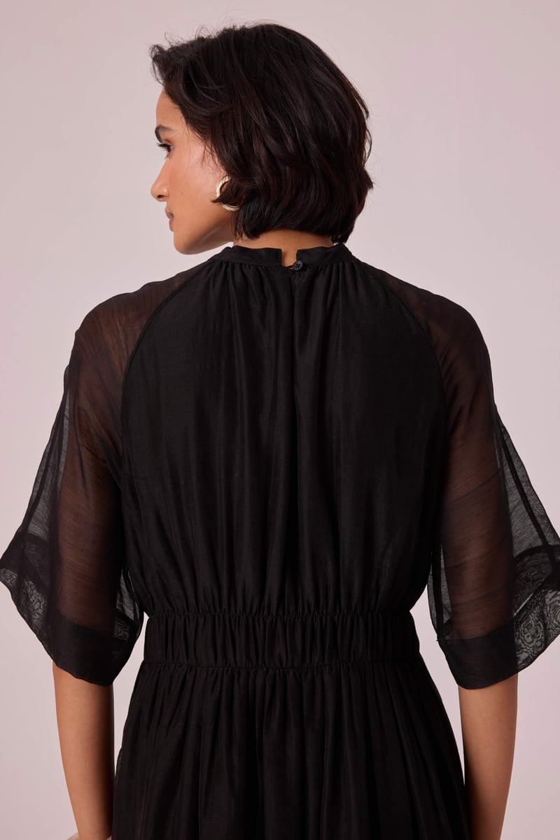 Black Handwoven Chanderi Maxi Dress with Ruched Waist