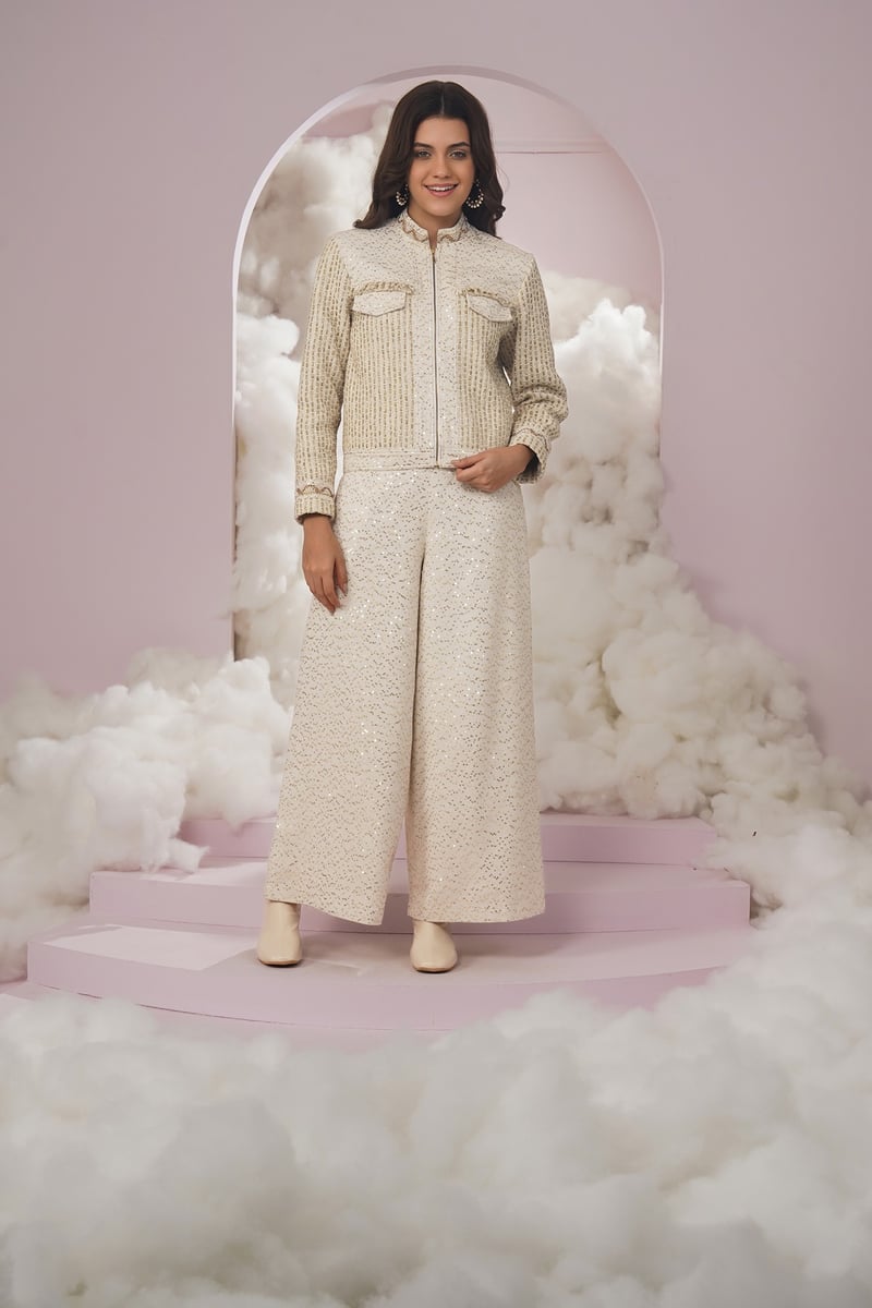 White Sequin Wide-Leg High-Rise Trousers