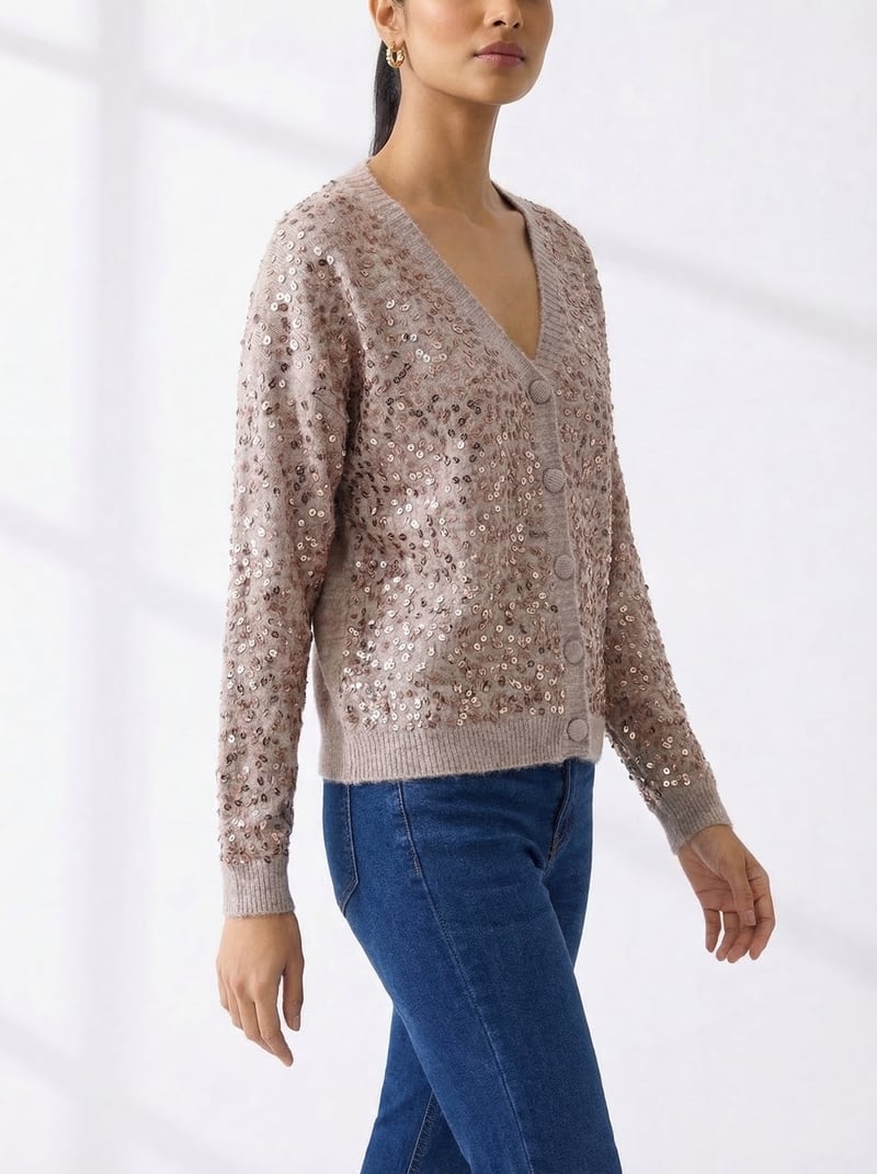 Beige Sequin Button-Front V-Neck Cardigan