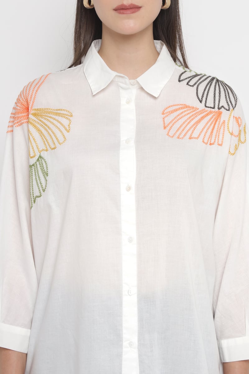 White Cotton Shirt with Leaf Embroidery