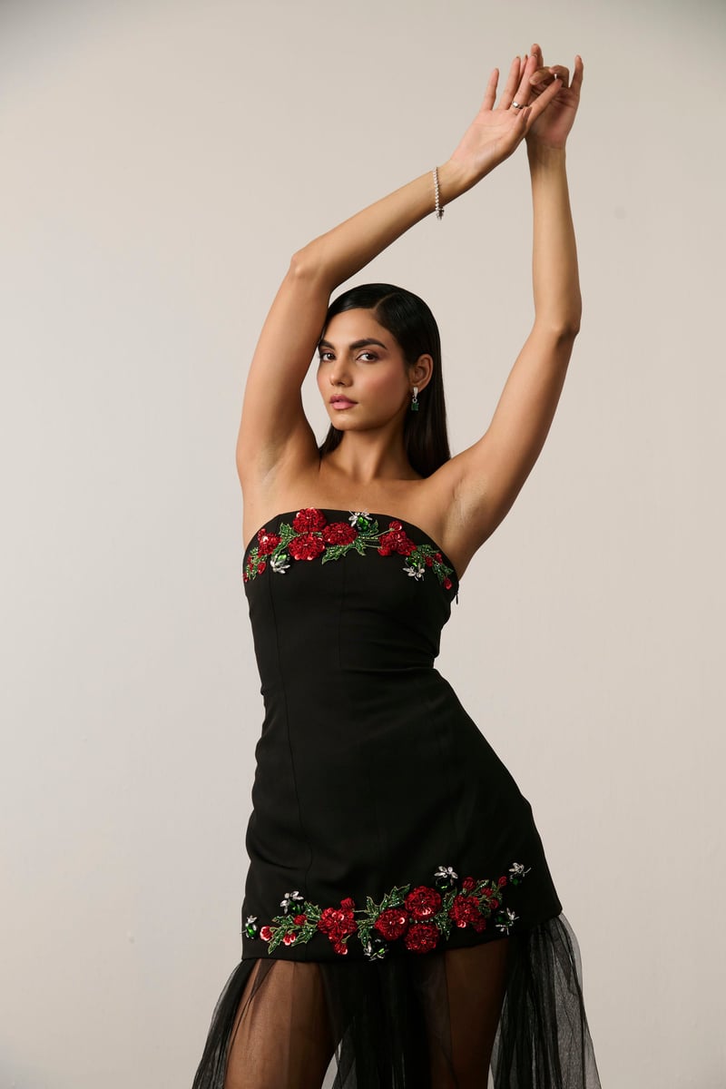 Black Strapless Embellished Mini Dress and Sheer Overskirt Set