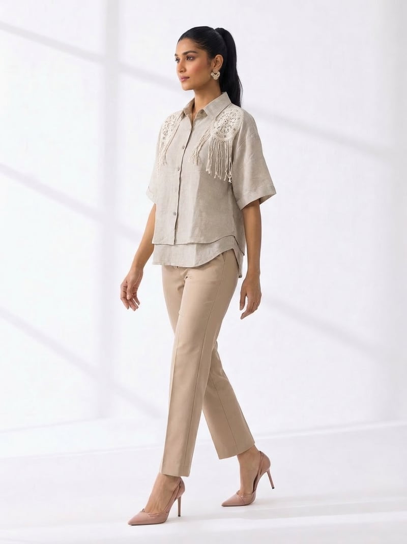 Beige Crochet Shoulder Fringe Detail Button-Down Shirt
