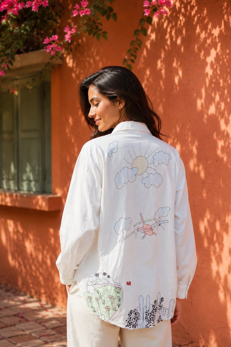 White Scenic Print Relaxed-Fit Shirt