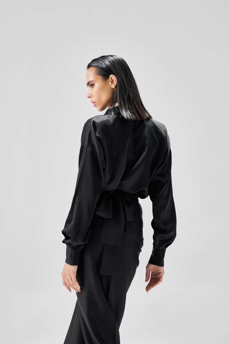 Black Satin Shirt and Sarong Skirt Co-ord Set