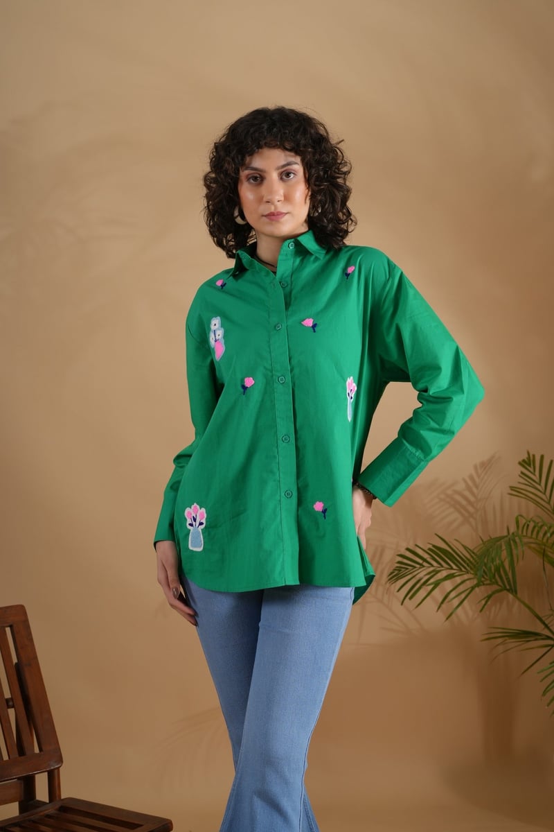 Green Cotton Comfort Fit Embroidered Shirt