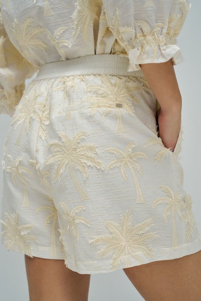 Ivory High-Waist Cotton Embroidered Shorts
