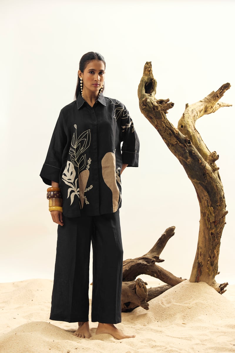 Black Linen Shirt with Botanical Placement Motif
