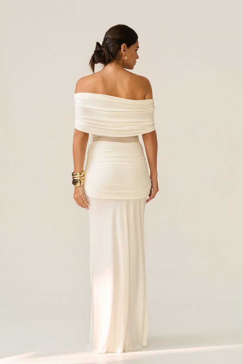 Ivory Off-Shoulder Ruched Maxi Gown with Sheer Waist