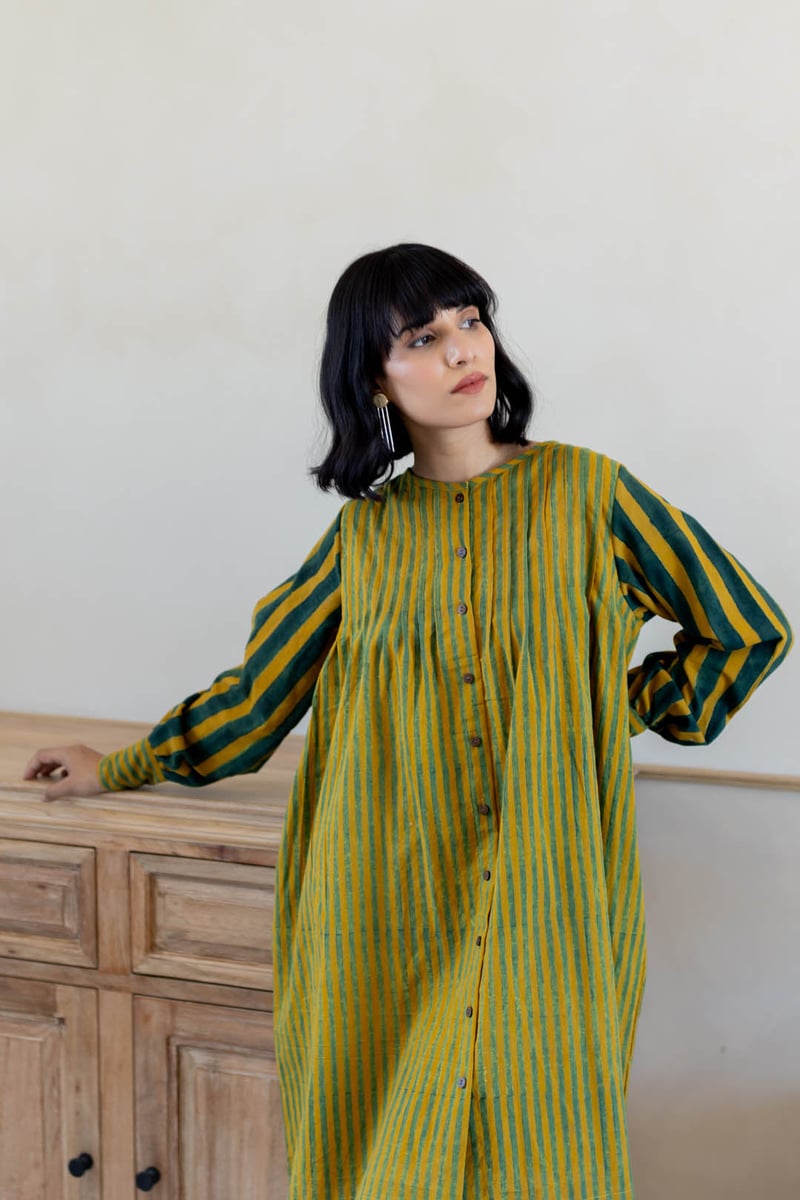 Moss Leaf Striped Cotton Tunic and Pant Co-ord Set