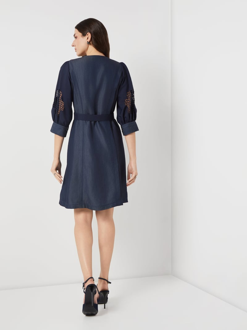 Navy Tencel Denim Wrap Dress with Cutwork Sleeves