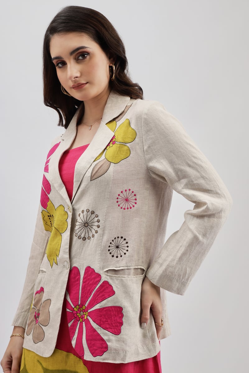 Beige Linen Floral Print Tailored Blazer