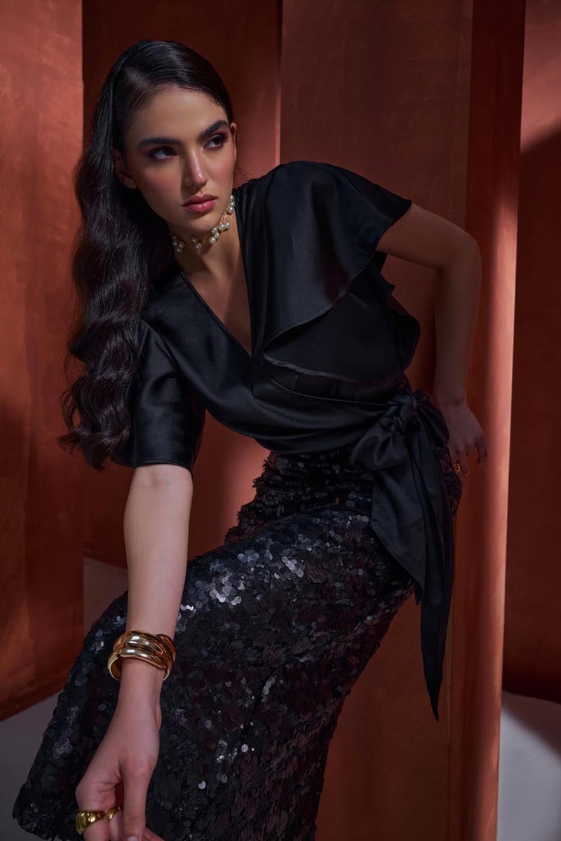 Black Satin Wrap Top and Sequin Midi Skirt Co-ord Set