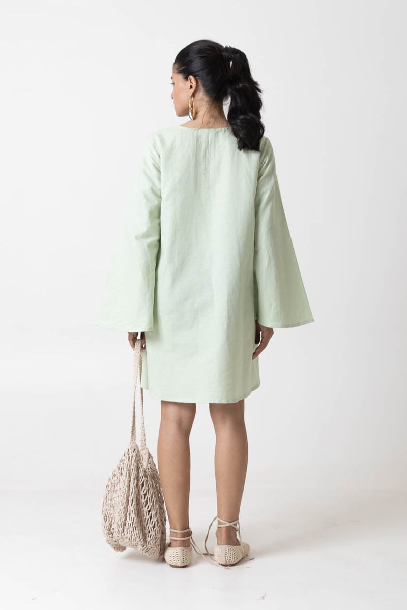 Green Cotton-Linen A-Line Mini Dress with Tie-Up Neck