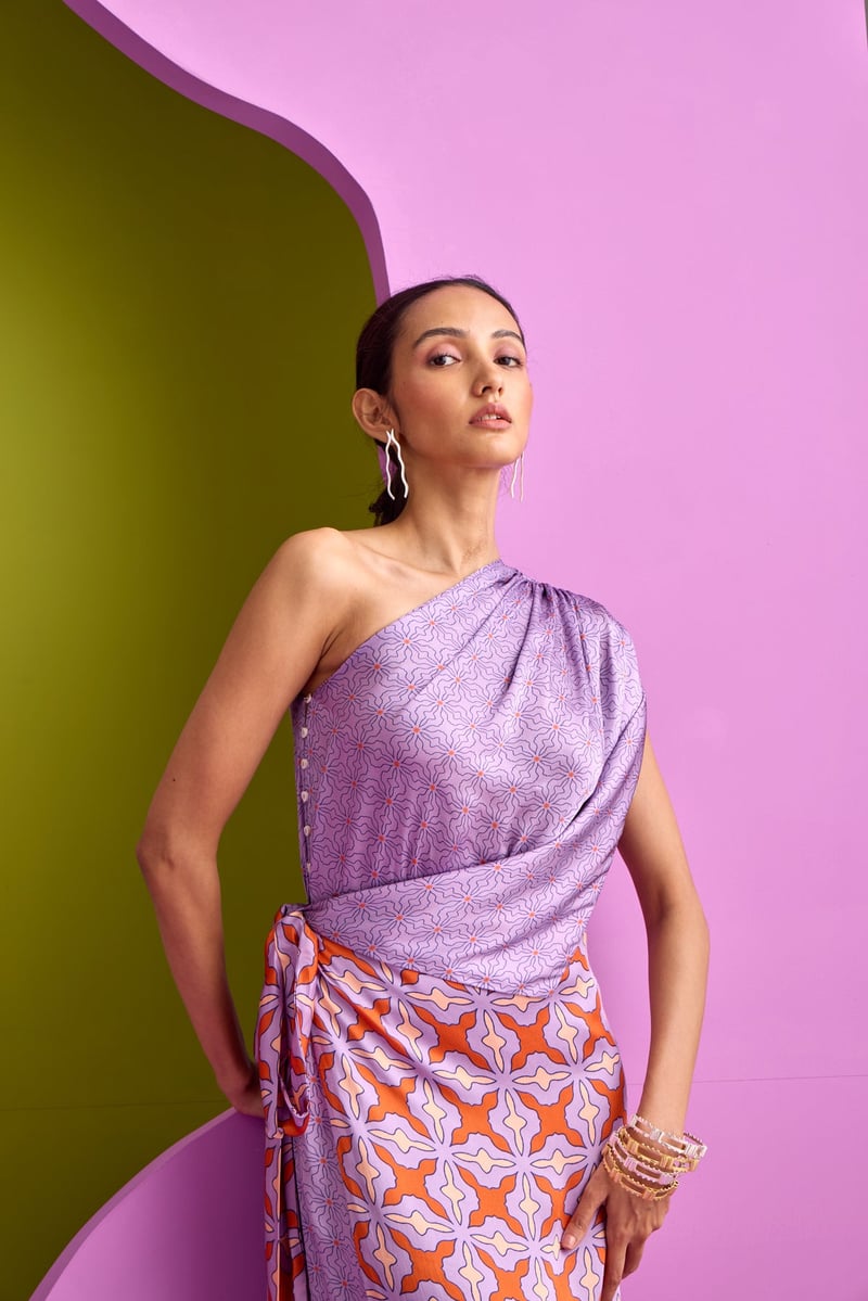 Purple One-Shoulder Printed Kaftan with Side Buttons