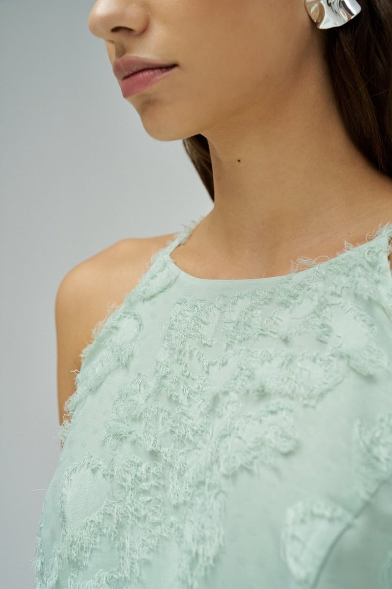 Light Green Textured High Neck A-Line Midi Dress