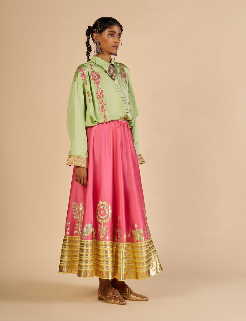 Pink Silk Chanderi Maxi Skirt with Gota Border