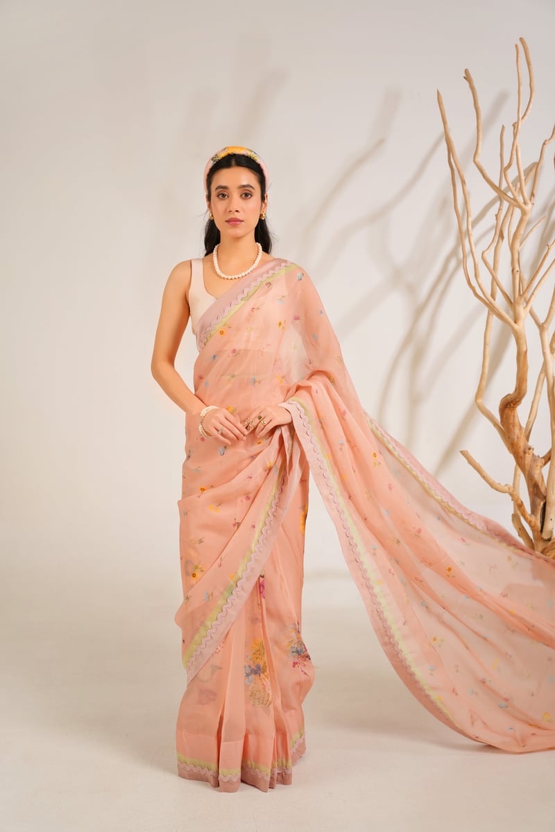 Blush Organza Floral Print Saree Set with Blouse Fabric
