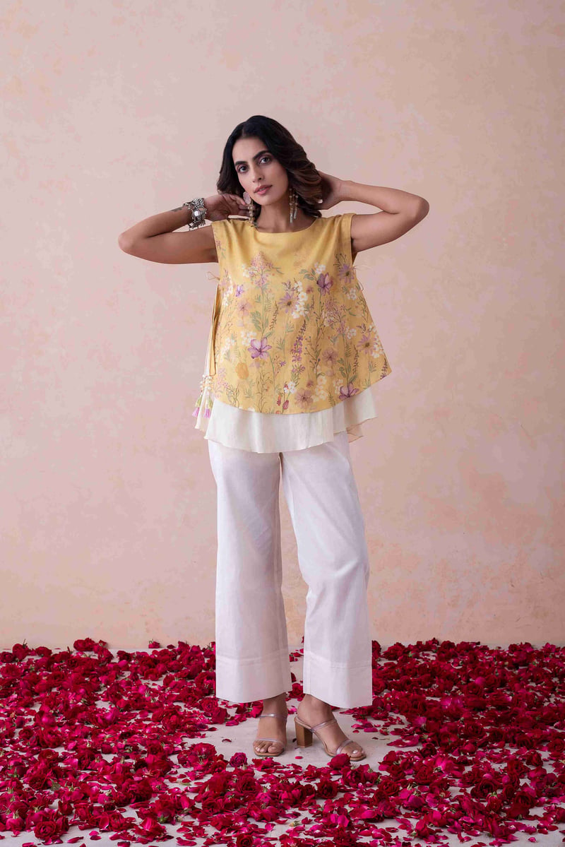 Yellow Floral Printed Sleeveless A-Line Top