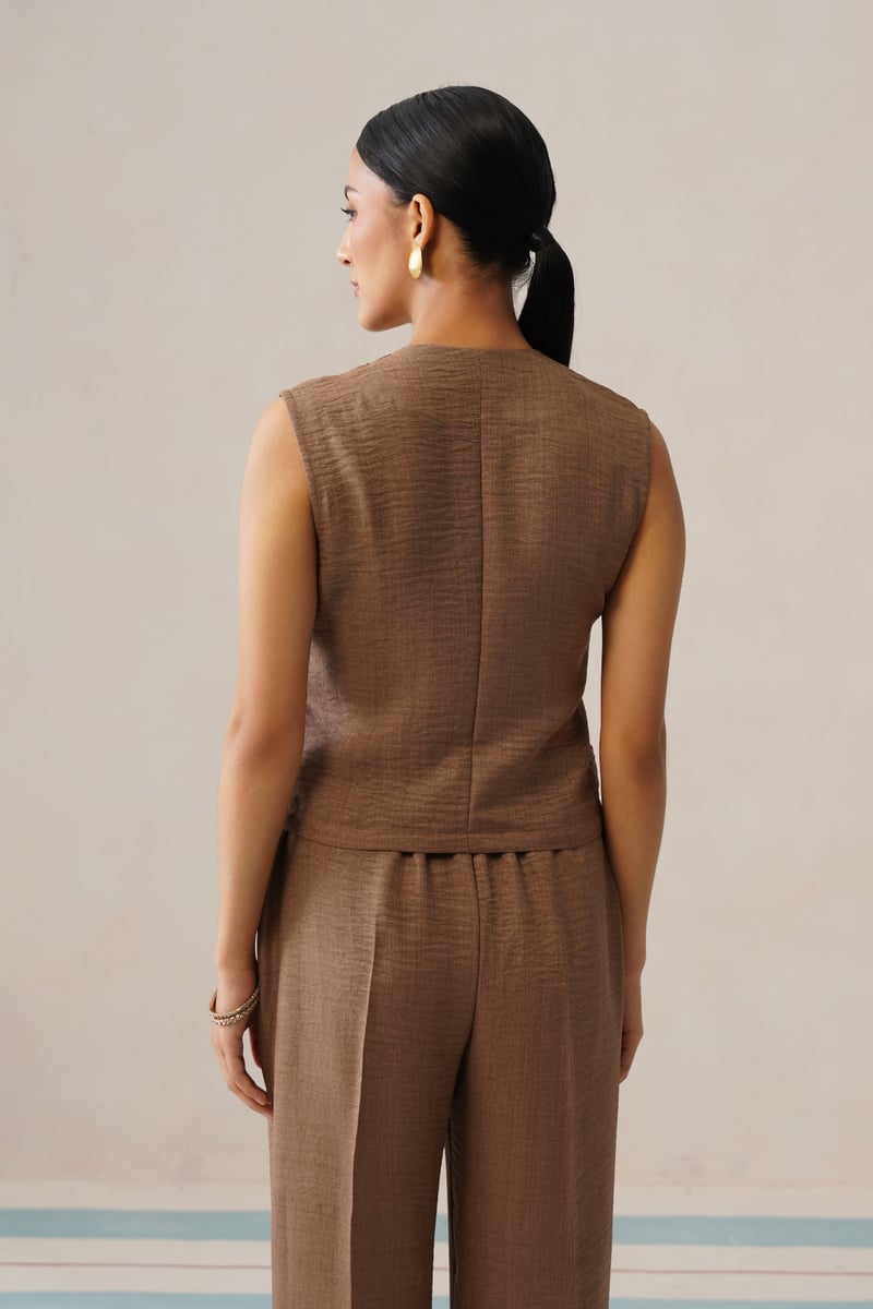 Siena Brown Embroidered Vest and Wide-Leg Co-ord Set