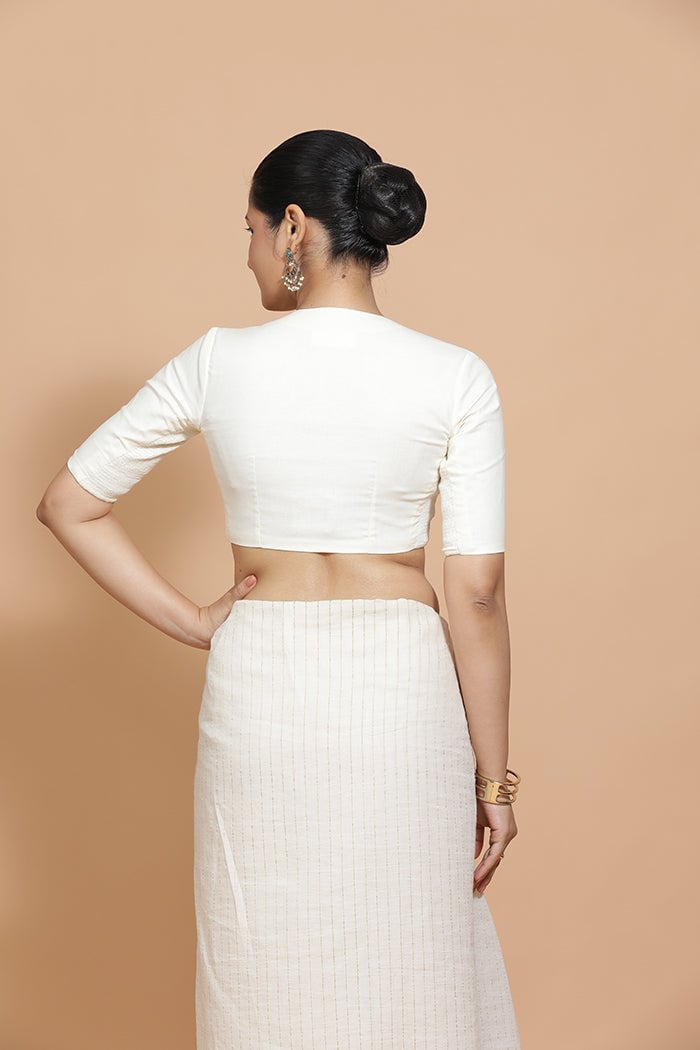 Ivory Mist Cotton Saree Blouse with Round Neck and Elbow Sleeves