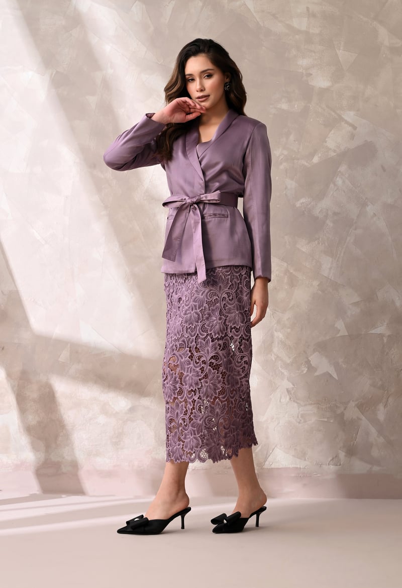 Mauve Wrap Blazer and Lace Midi Skirt Co-ord Set