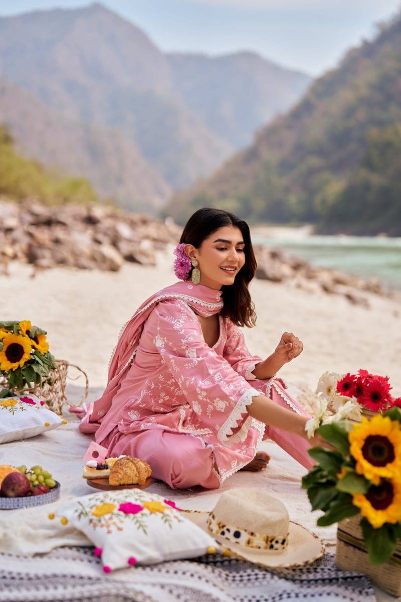 Pink Cotton Embroidered Kurta Set with Lace Trim