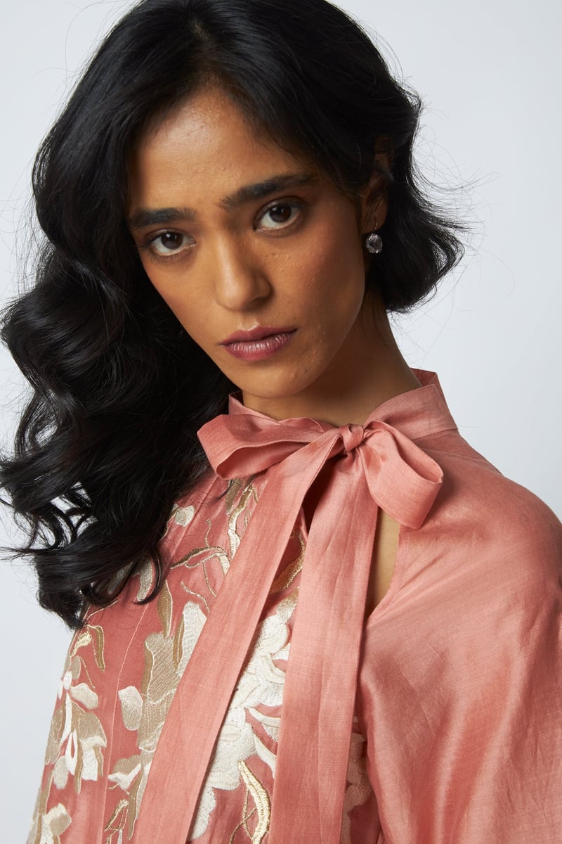 Old Rose Embroidered Achkan-Style Hi-Low Midi Dress
