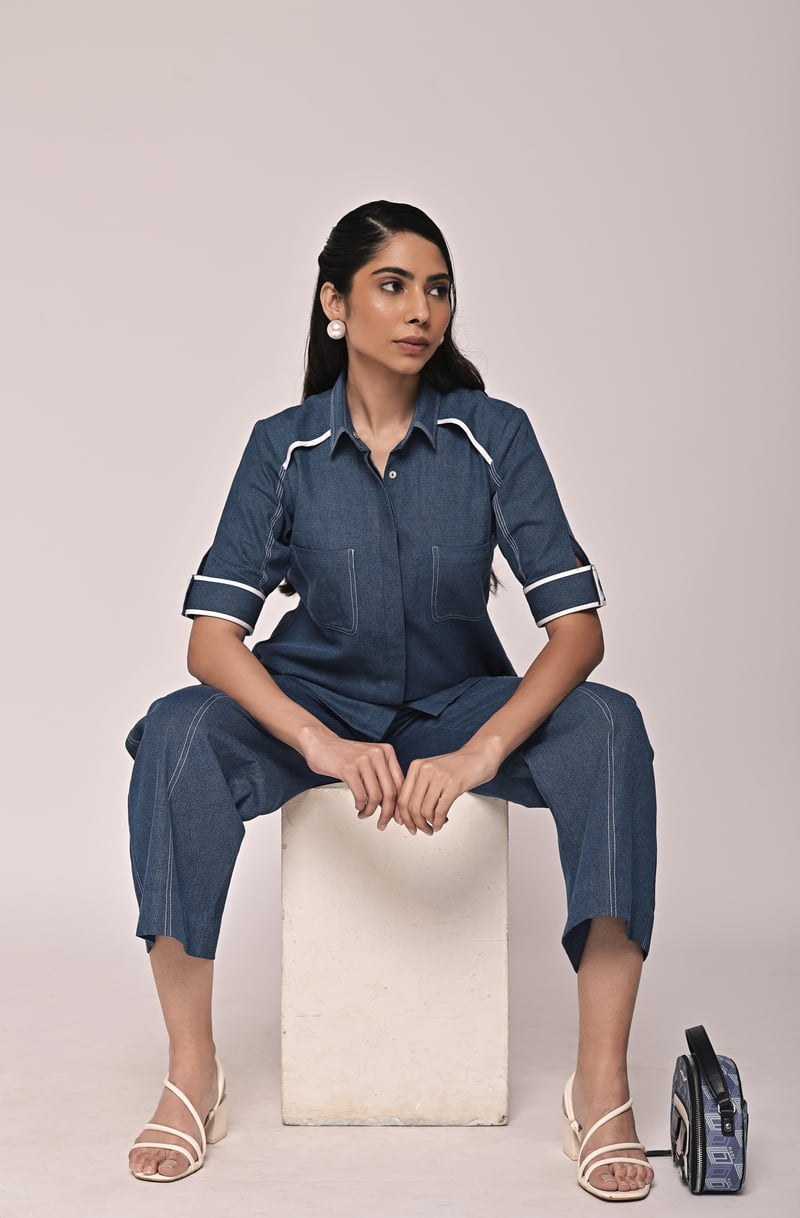 Denim Blue Shirt and Wide-Leg Pants Co-ord Set