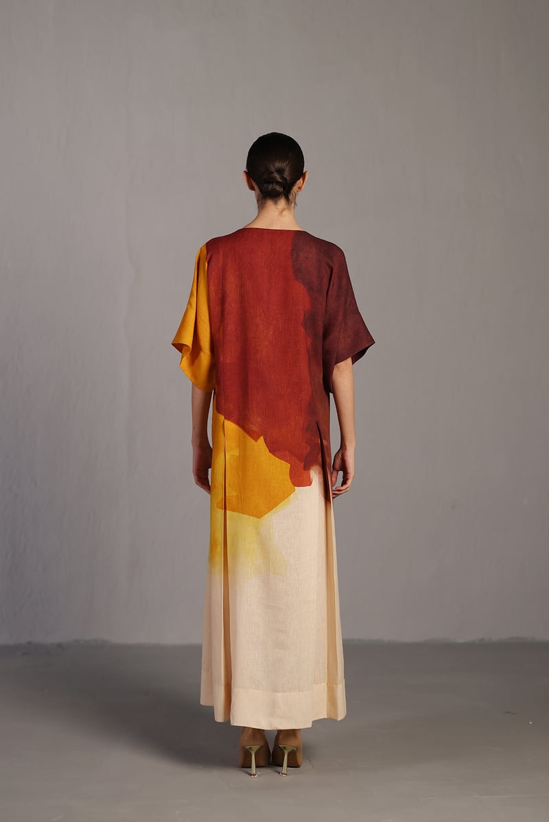 Ochre Abstract Printed Linen Maxi Dress