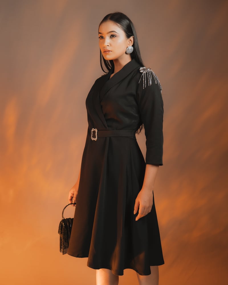 Black Fit and Flare Dress with Embellished Shoulders